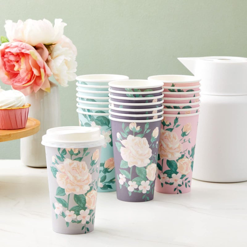 BLUE PANDA Paper Coffee Cups - 16 Oz, 48 Count, 4 Pastel Floral Colors - Disposable Cups with Lids for Hot & Cold Coffee & Tea to Go - Image 3